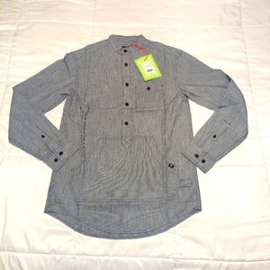 Houston White Long Sleeve Banded Collar Denim Look Pinstripe Shirt Sz XS